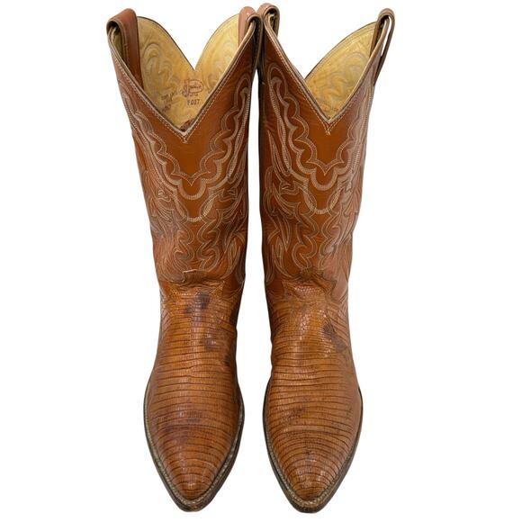 Justin Cowboy Western Boots Vintage Lizard Men’s 10.5 D Orange Camel Tan Leather - Picture 2 of 12